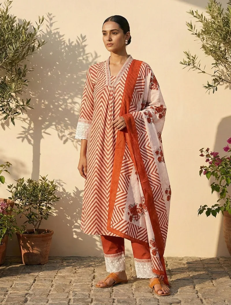 ترو برونز trueBrowns Rust Chevron Print Kurta Pant Dupatta Set
